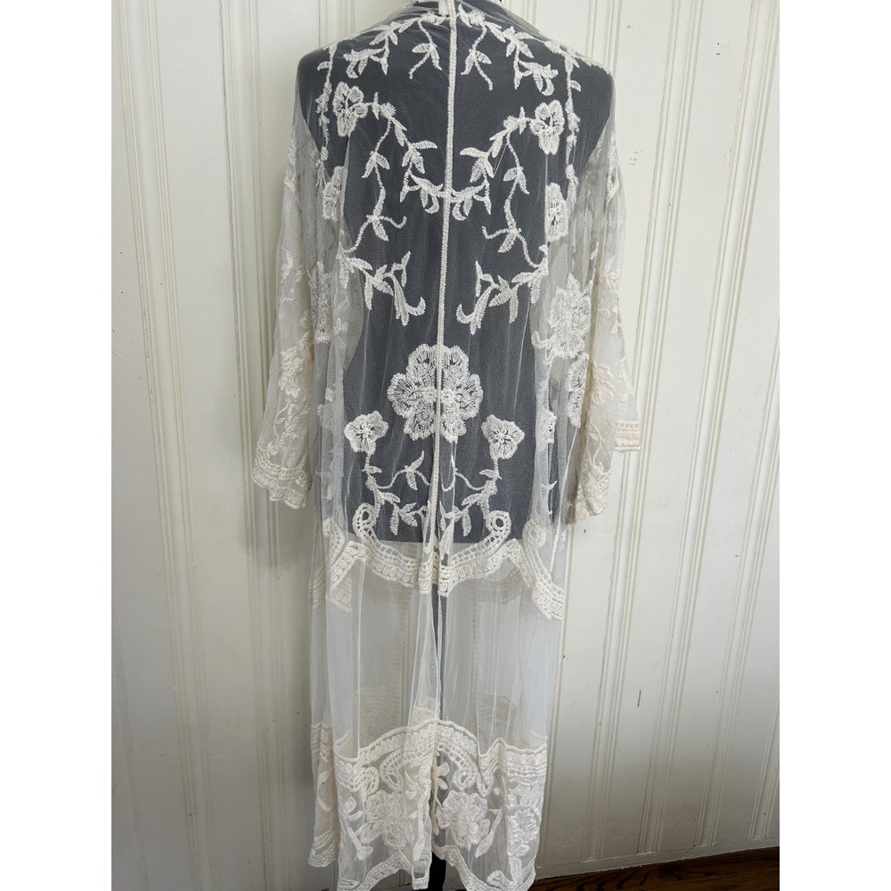 Adiva Womens Cream Lace Floral Embroidered Long Duster Kimono Cardigan Large - Picture 2 of 8